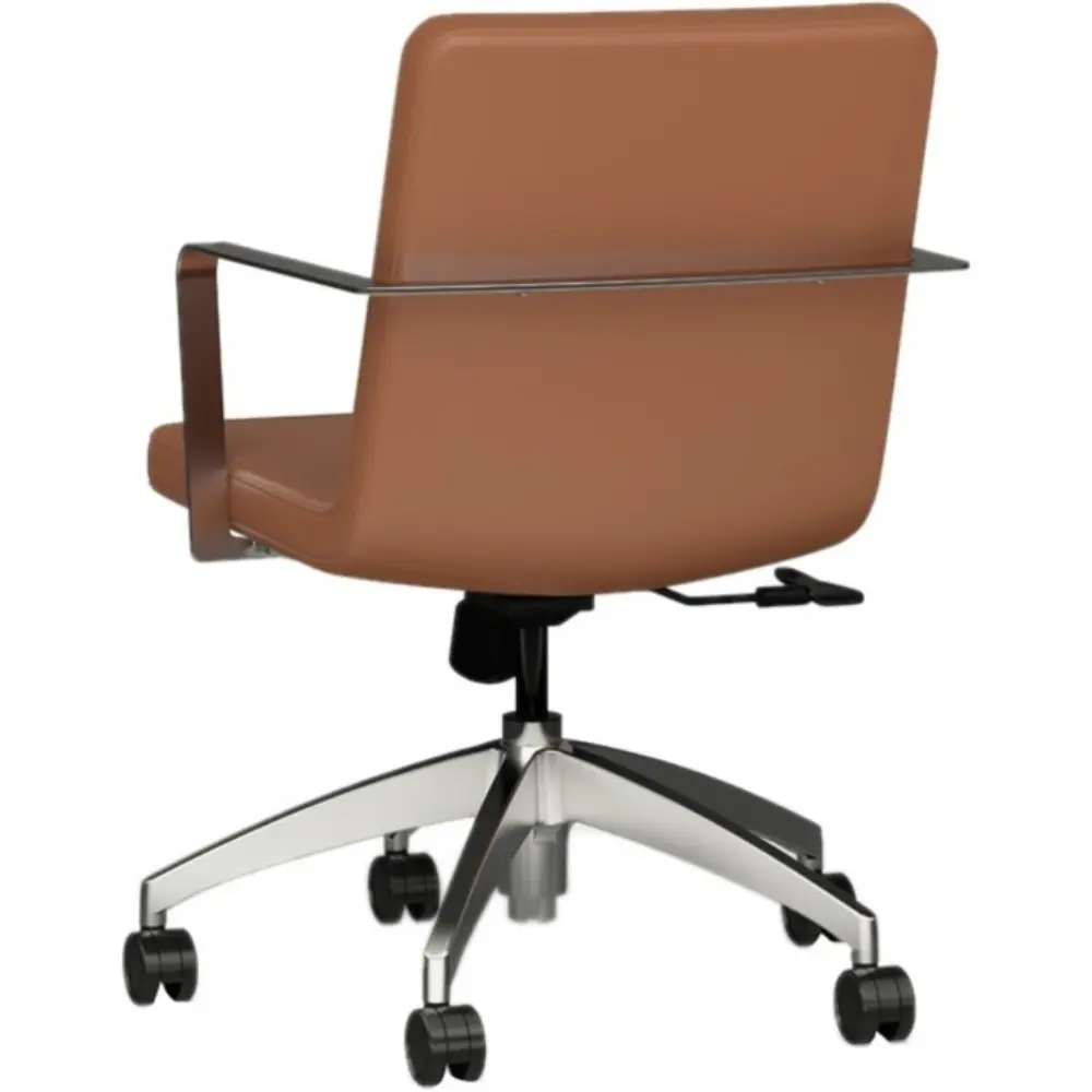 Side view of brown leather office chair with chrome armrests and star base