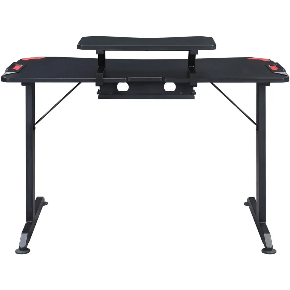 Long black gaming desk with red hooks and a keyboard tray