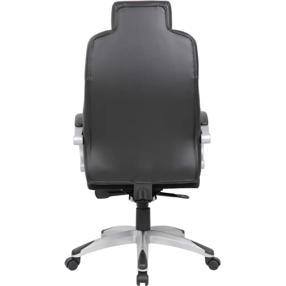 Right side view of another black quilted executive chair with curved armrests