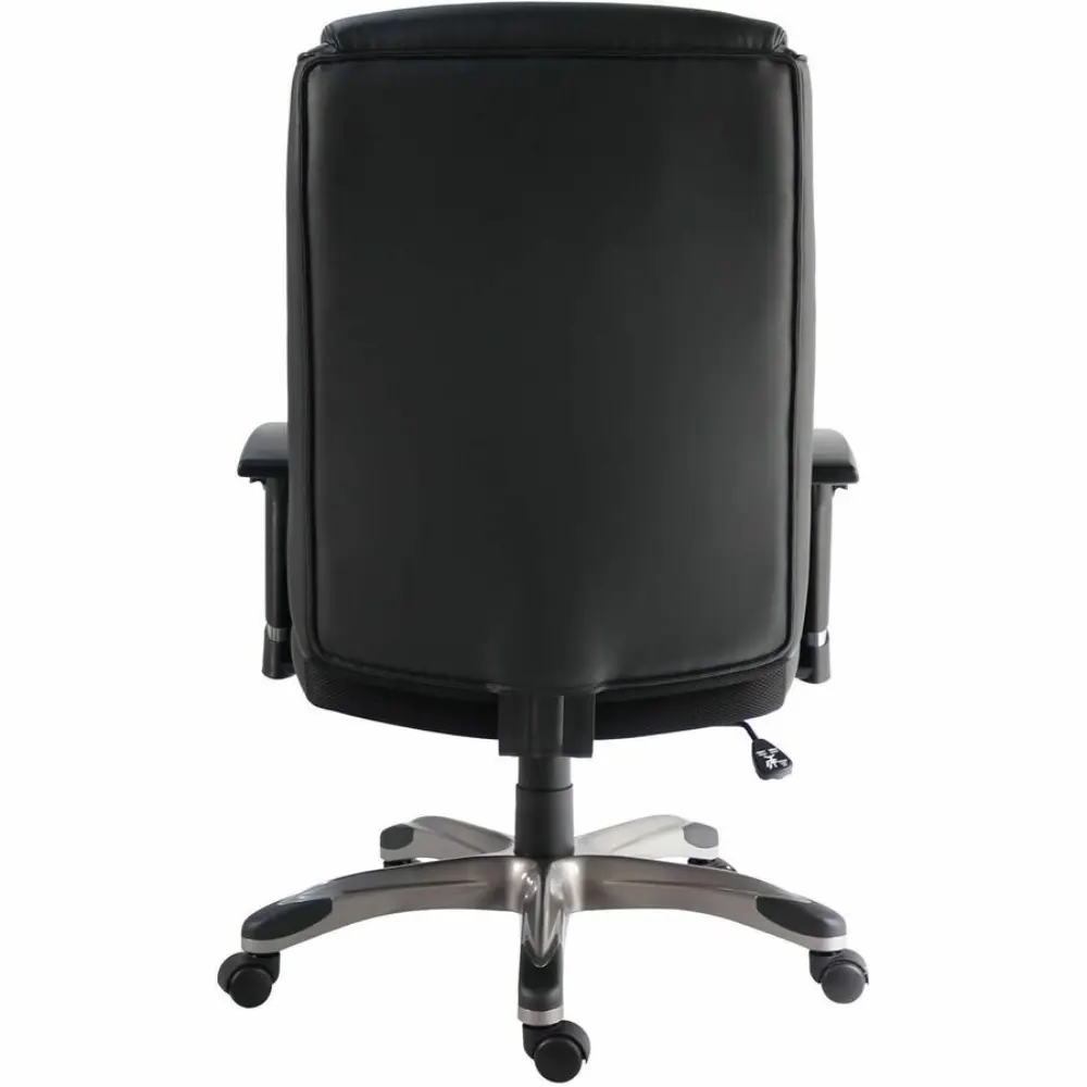 Side view of black leather ergonomic office chair with armrests