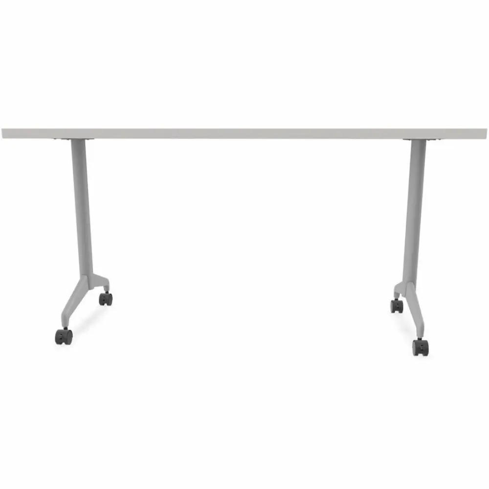 Top-down view of a rectangular white desk surface with 4 caster wheels visible.