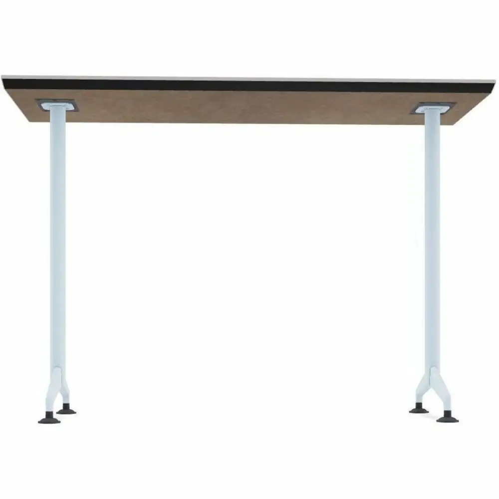 A white standing desk with single pedestal leg and four-pronged base and a small rectangular tabletop.