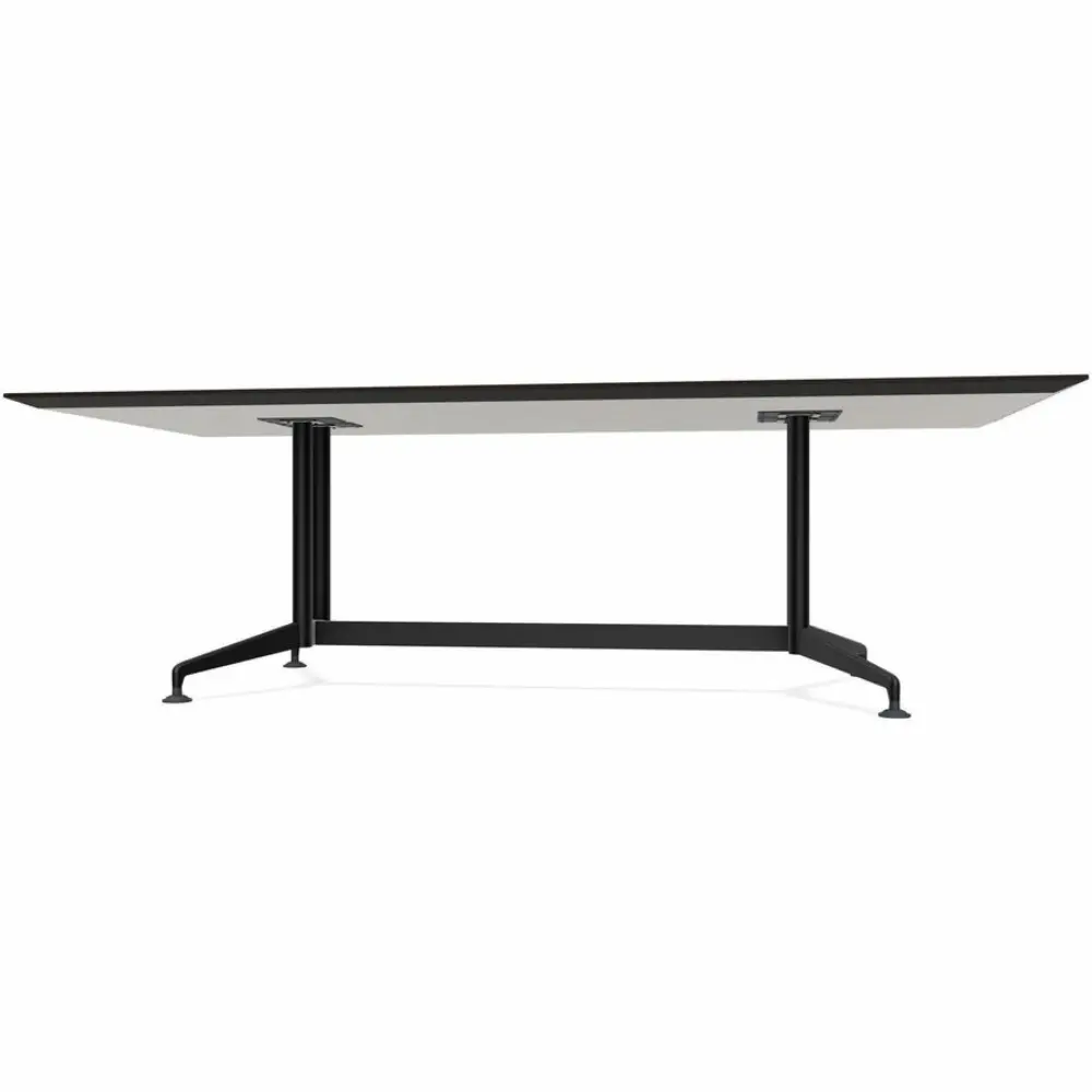 dark wood tabletop with metal pedestal base from front, showing four-legged star base.