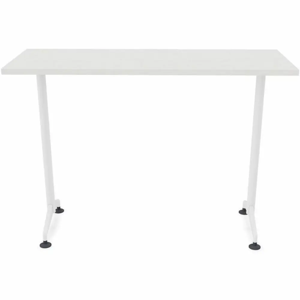 White rectangular desk/table with curved metal leg supports and single central column.