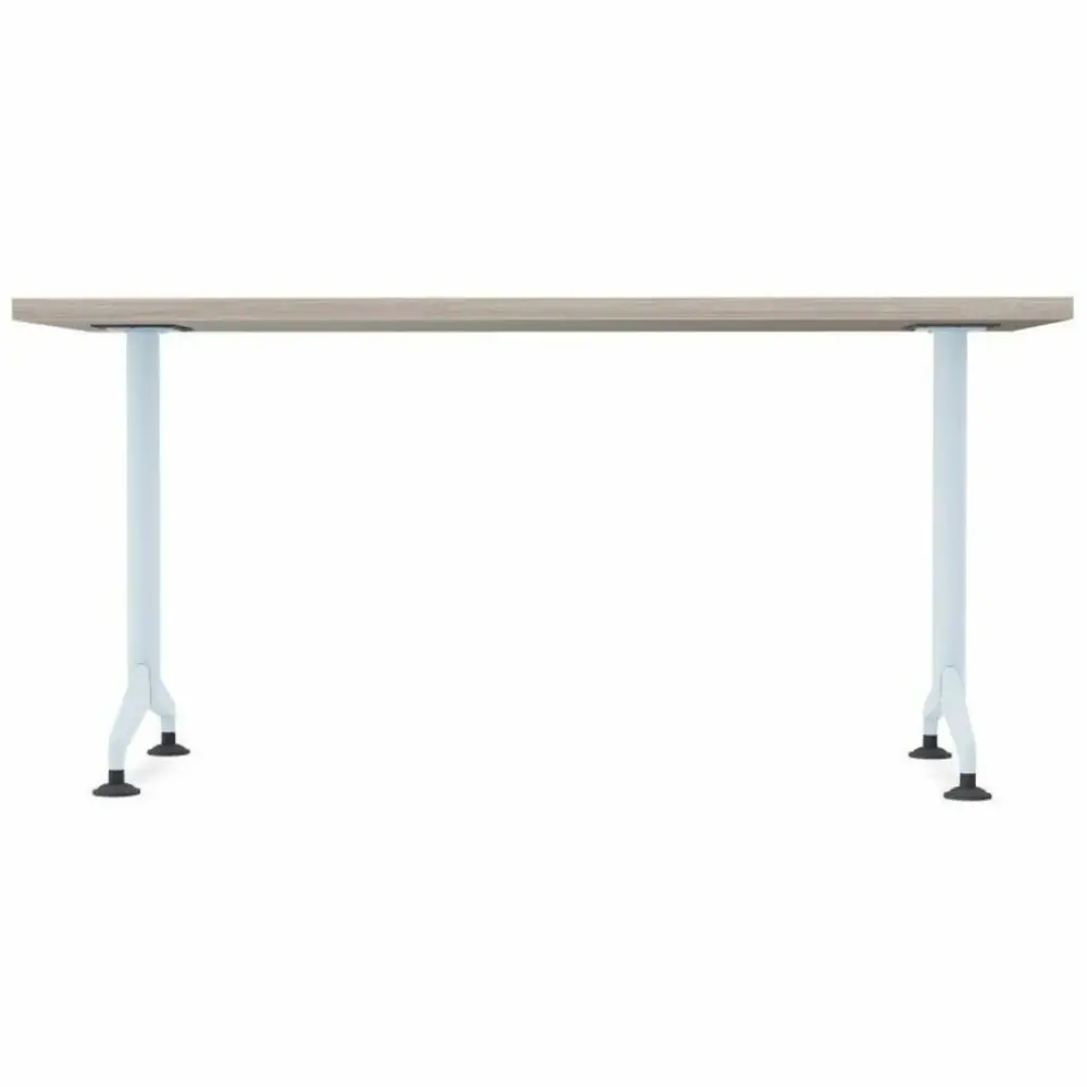 Rectangular light wood tabletop on white metal legs with adjustable feet
