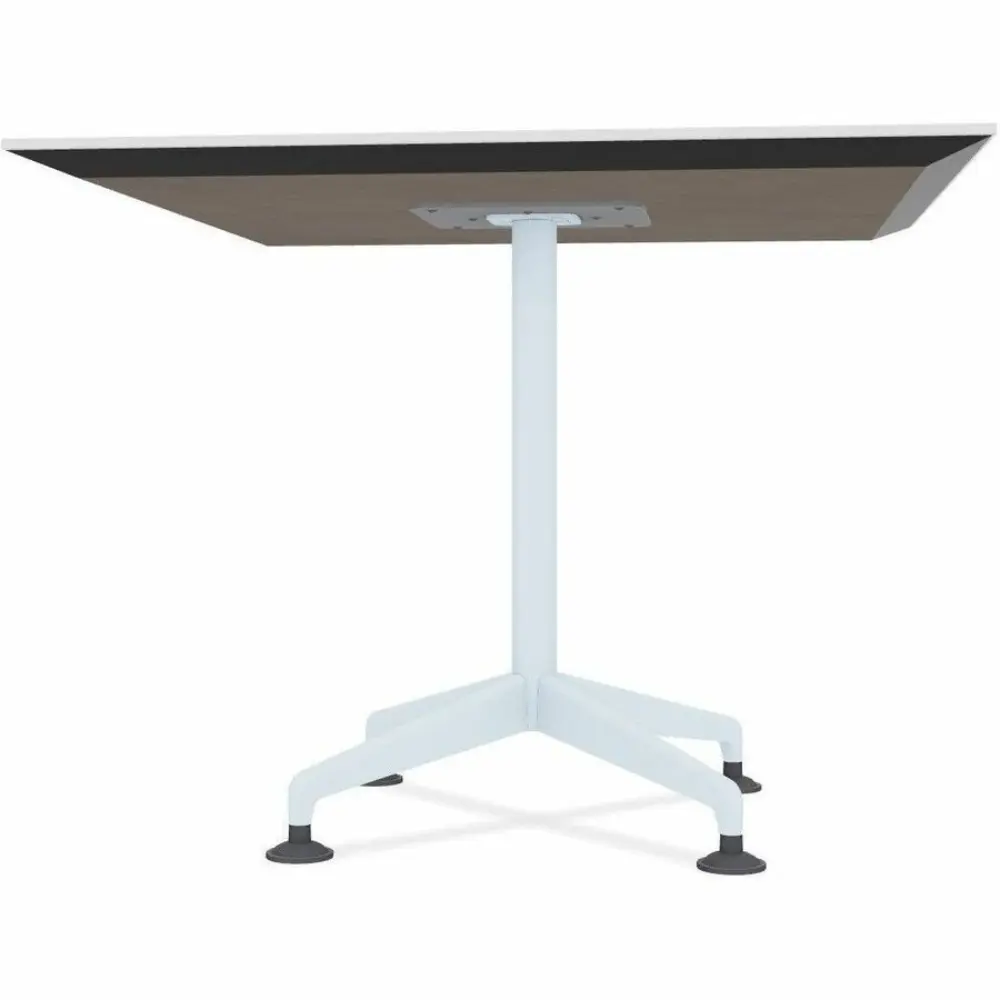 A white table top with a light blue pedestal and a star-shaped base with four legs, viewed from a slight angle.