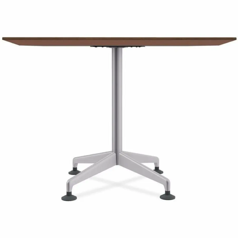 underside view of square table showing pedestal and mounting plate