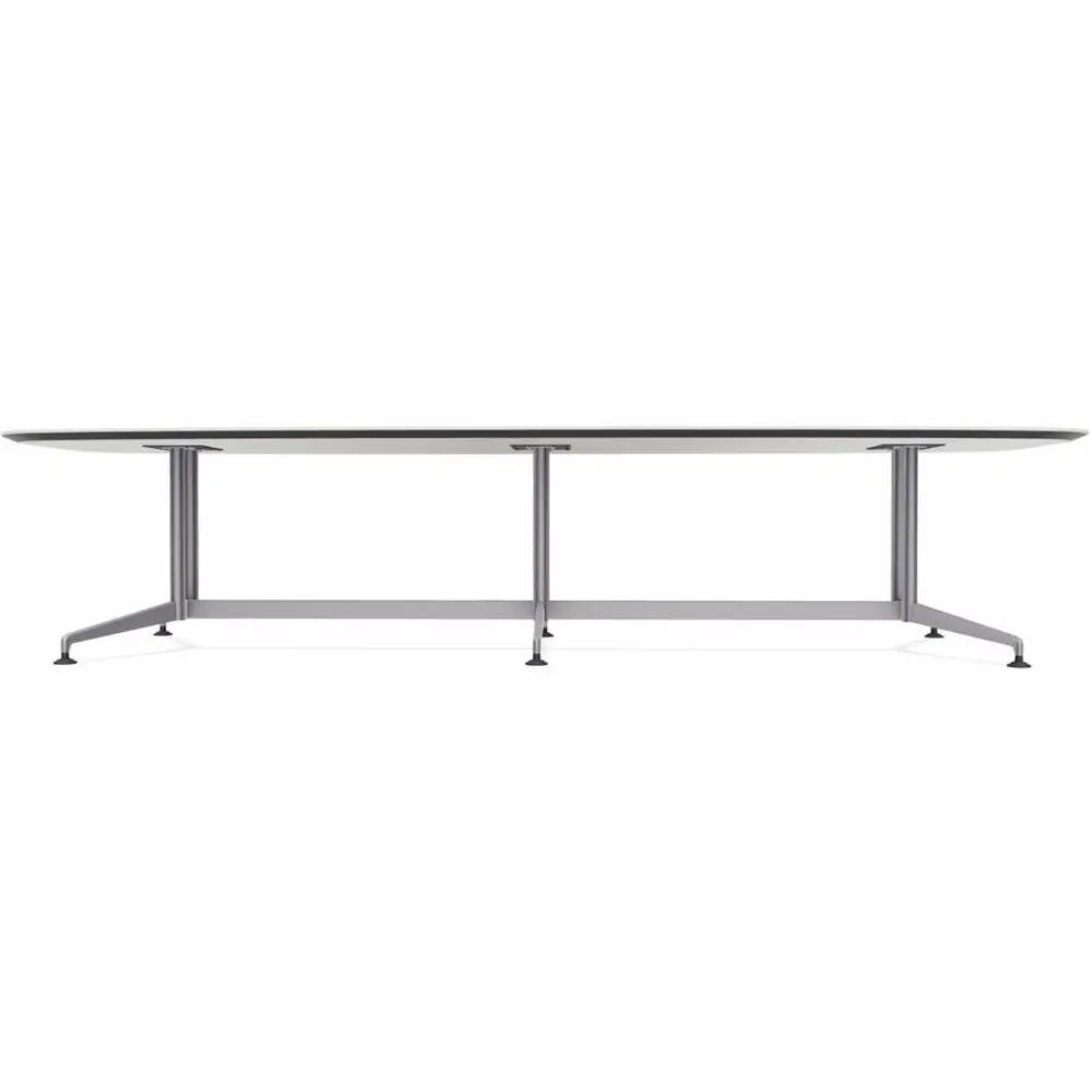 Top view of a white rectangular conference table with rounded ends showing central support.