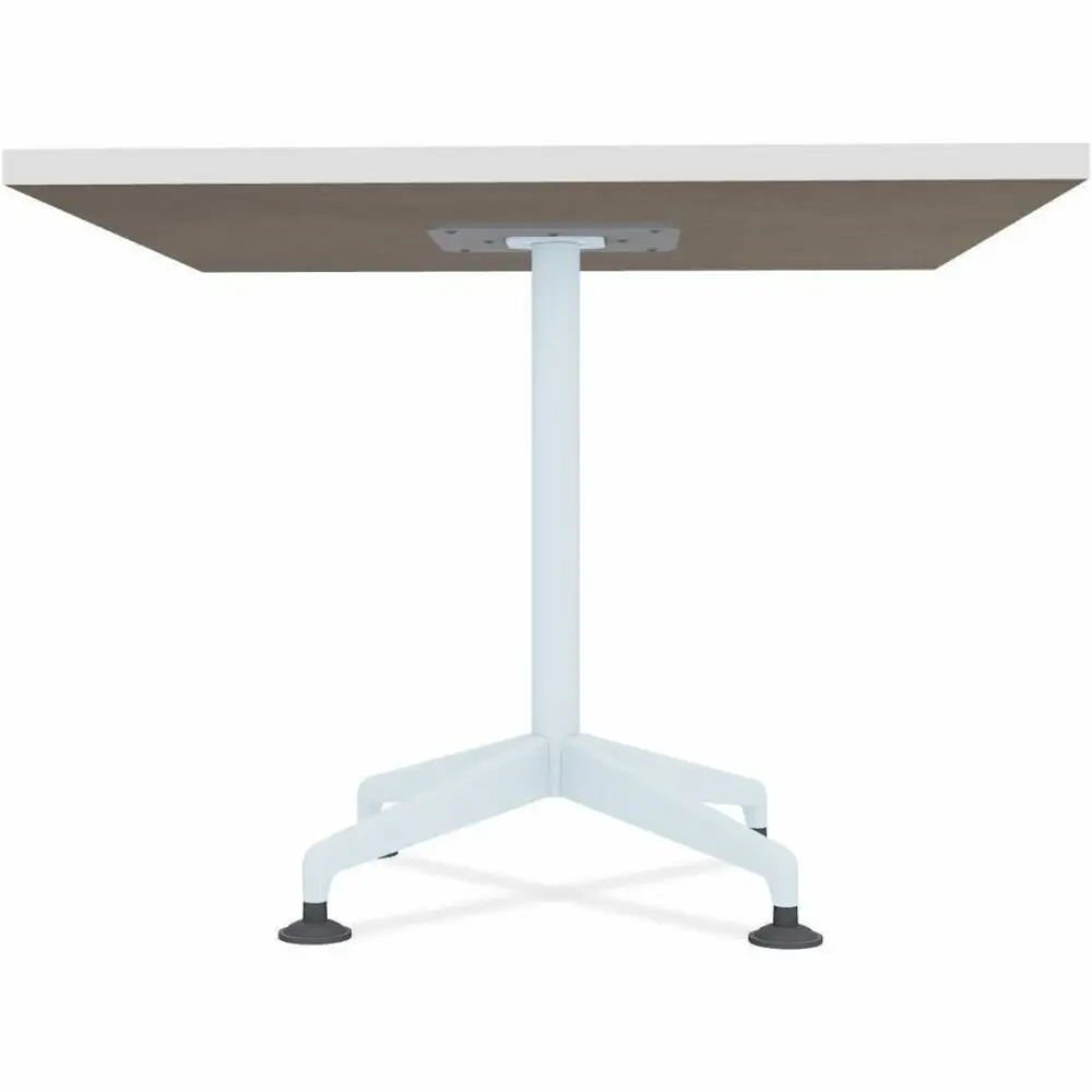 White square tabletop on a light blue pedestal table with cross-shaped base and adjustable feet
