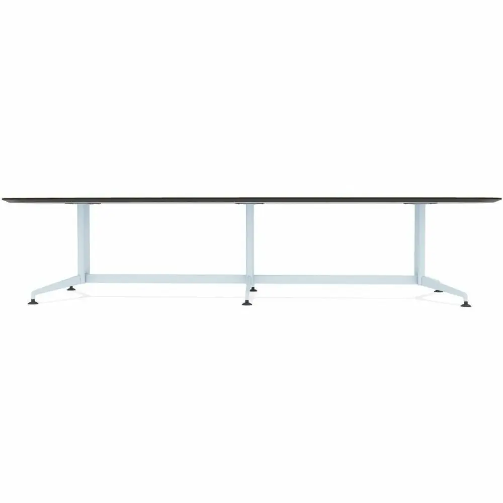 A dark wood oval tabletop with a light blue pedestal base and multiple columns