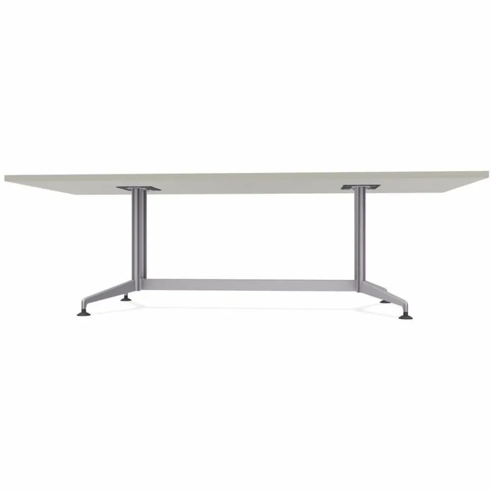 Close-up from below showing leg supports of a gray table.