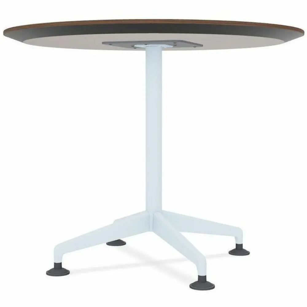 Round table with wood top and light blue pedestal base, side view