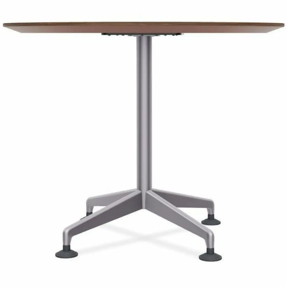 Circular wood tabletop shown from underside, pedestal leg visible.