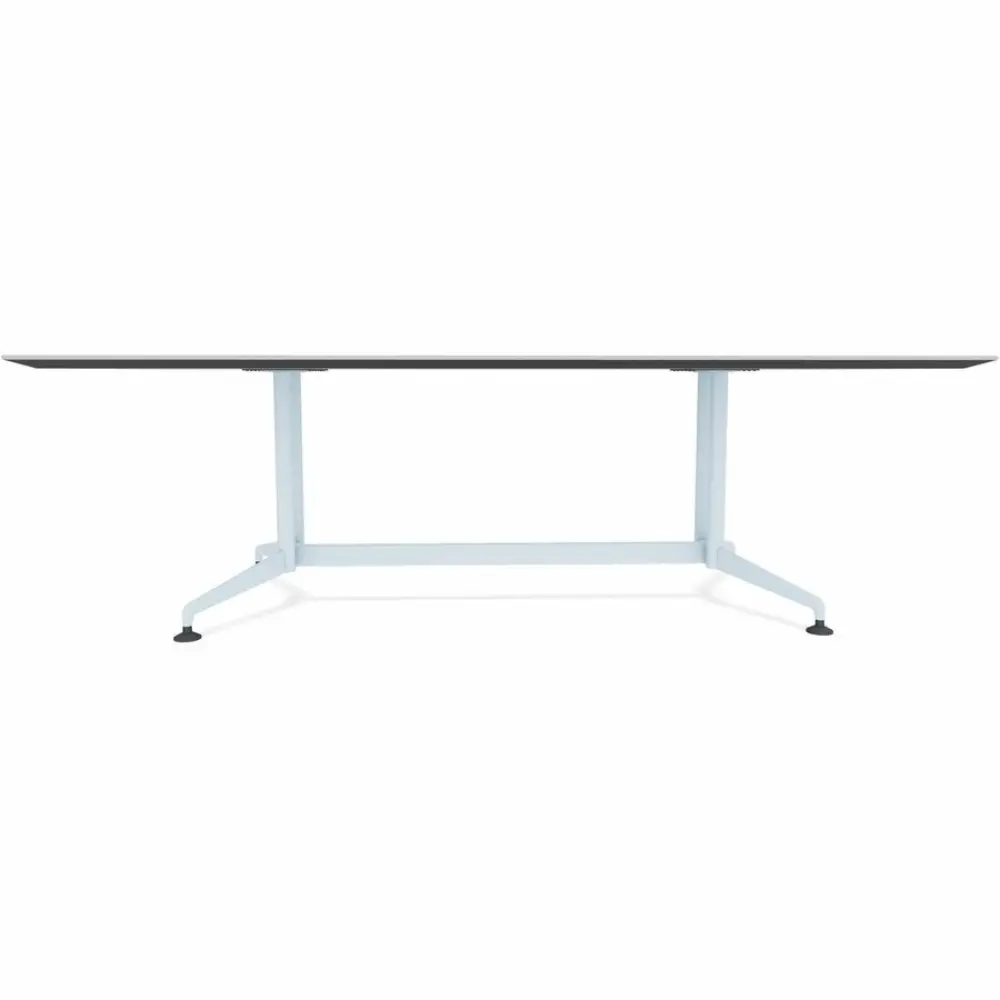 Underside of rectangular table showing legs and pedestal connection