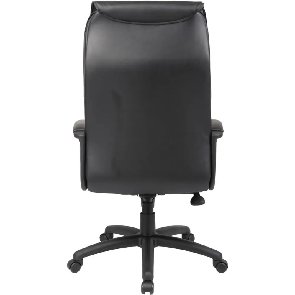 Right-side profile of black leather executive chair with armrests, side controls