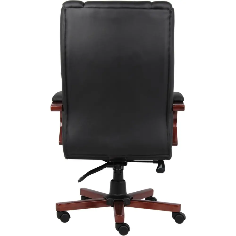 Side view of black leather high-back office chair with wooden armrests and adjustable height.