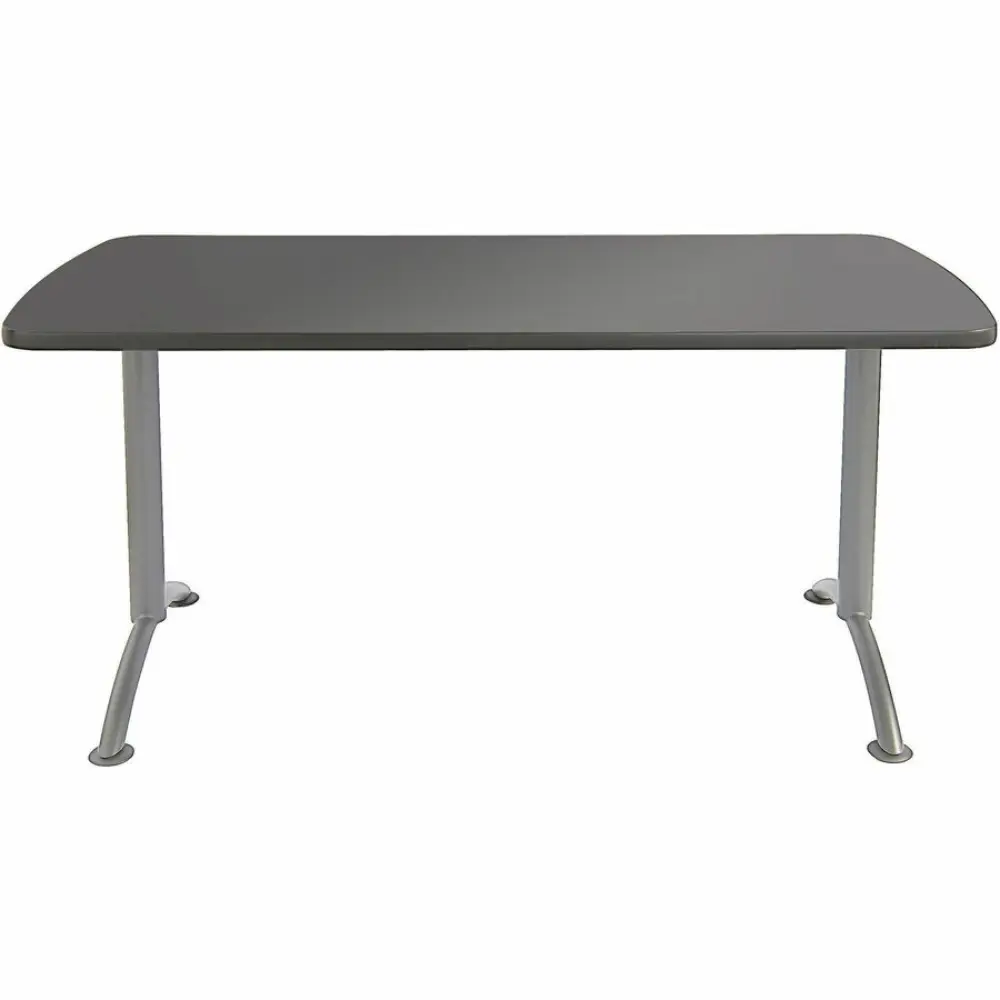 Long dark grey rectangular table with two metal legs and curved feet.