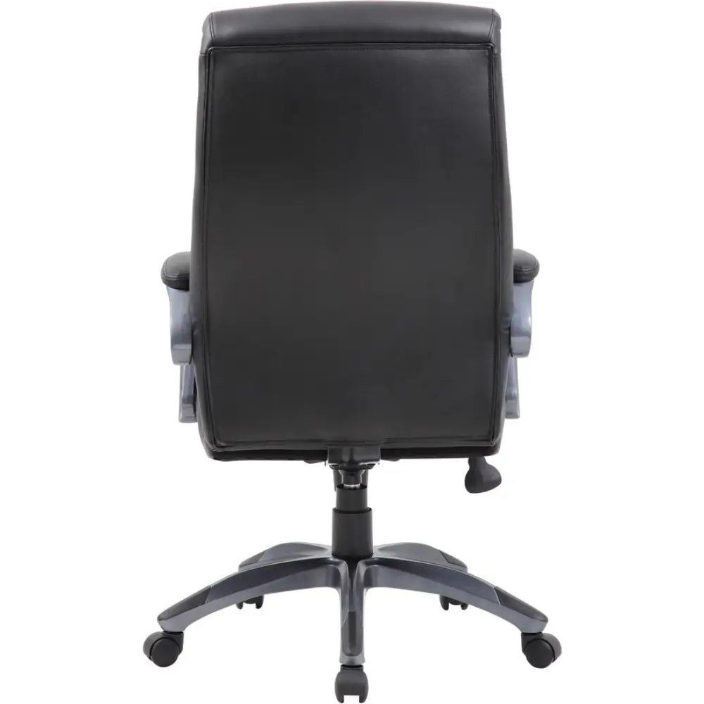 Angle view of black leather executive chair with ergonomic armrests and base