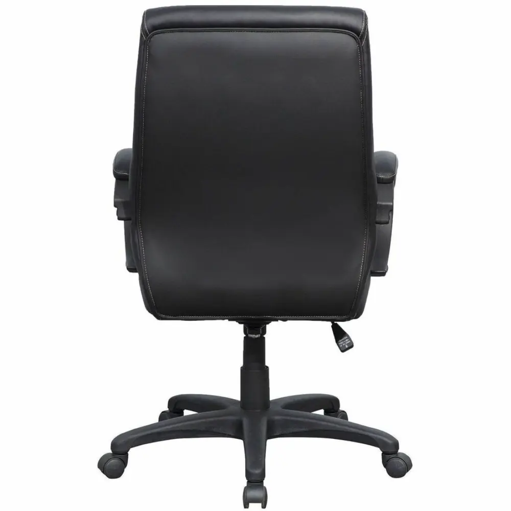 Side view of black leather office chair with curved armrests and height lever
