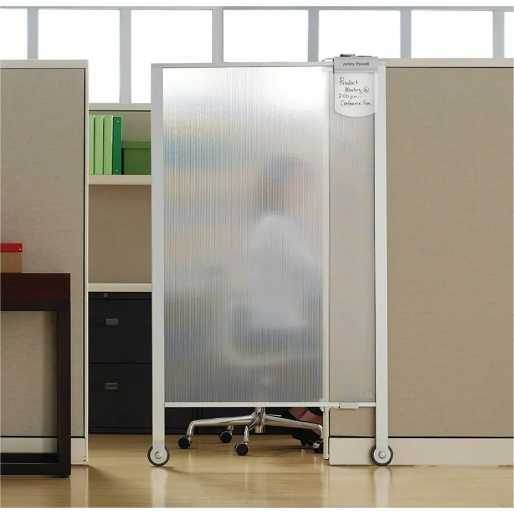 Top corner of a sliding whiteboard or partition with label