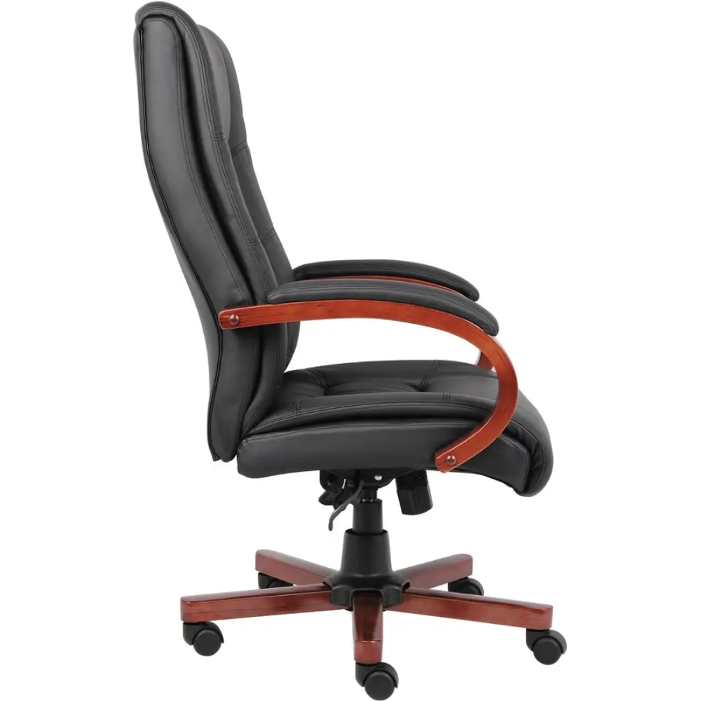 Front view of black leather ergonomic executive chair with wooden armrests and five-star base.