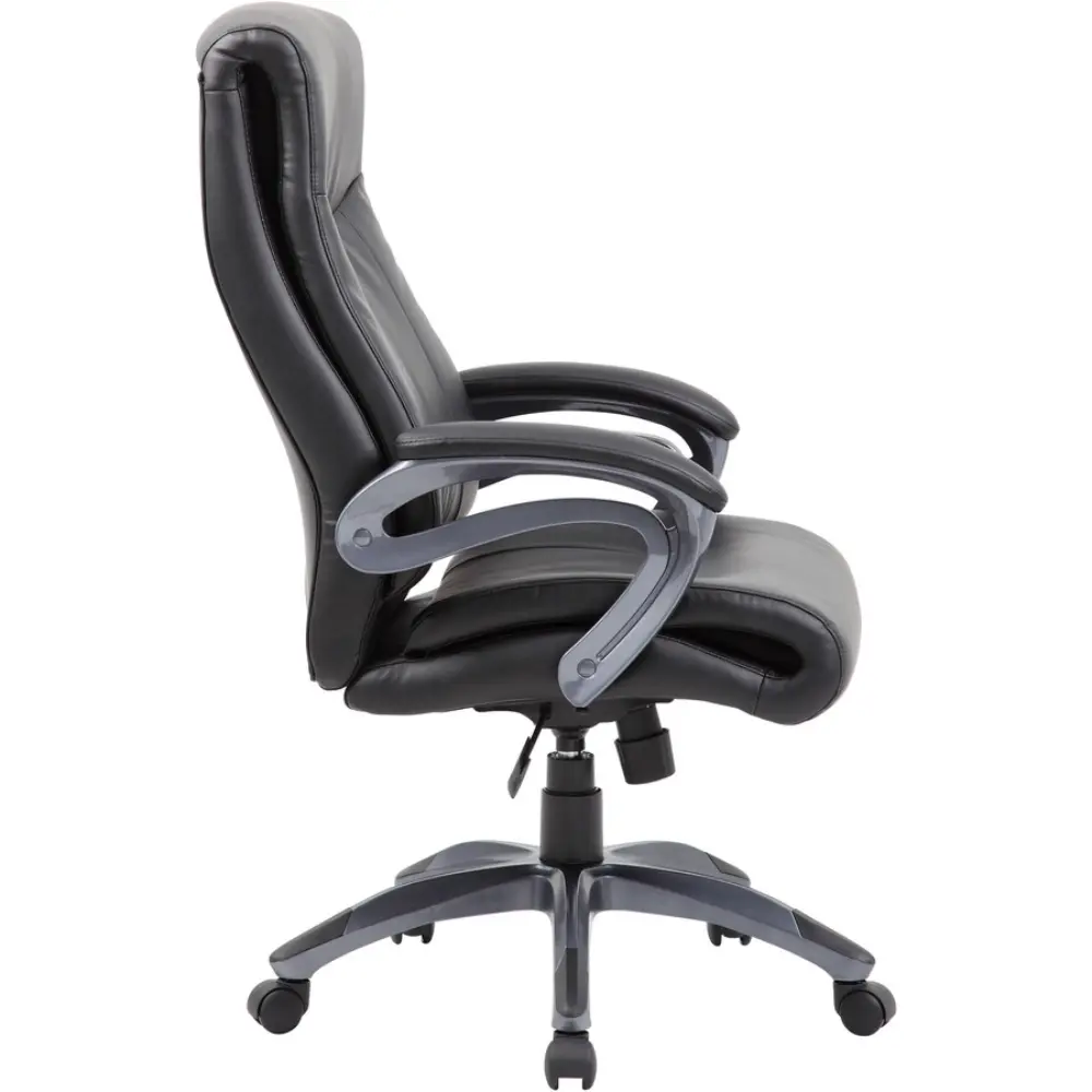 Front view of black leather executive chair with padded arms and five-star base