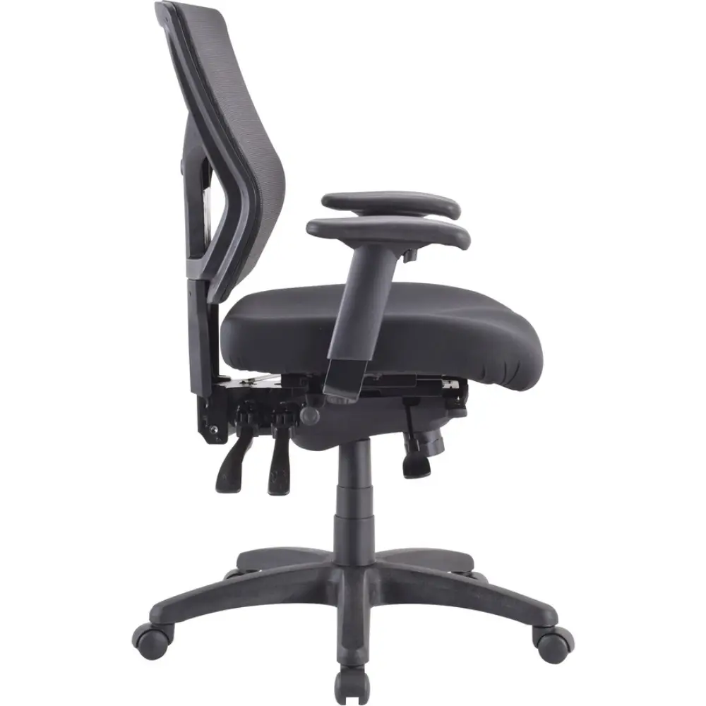 Front view of a black ergonomic office chair with mesh back and rounded seat cushion