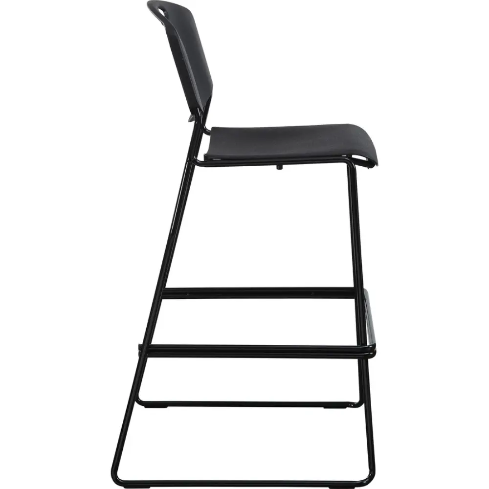 Front three-quarter view of a black bar stool with curved backrest and metal frame.