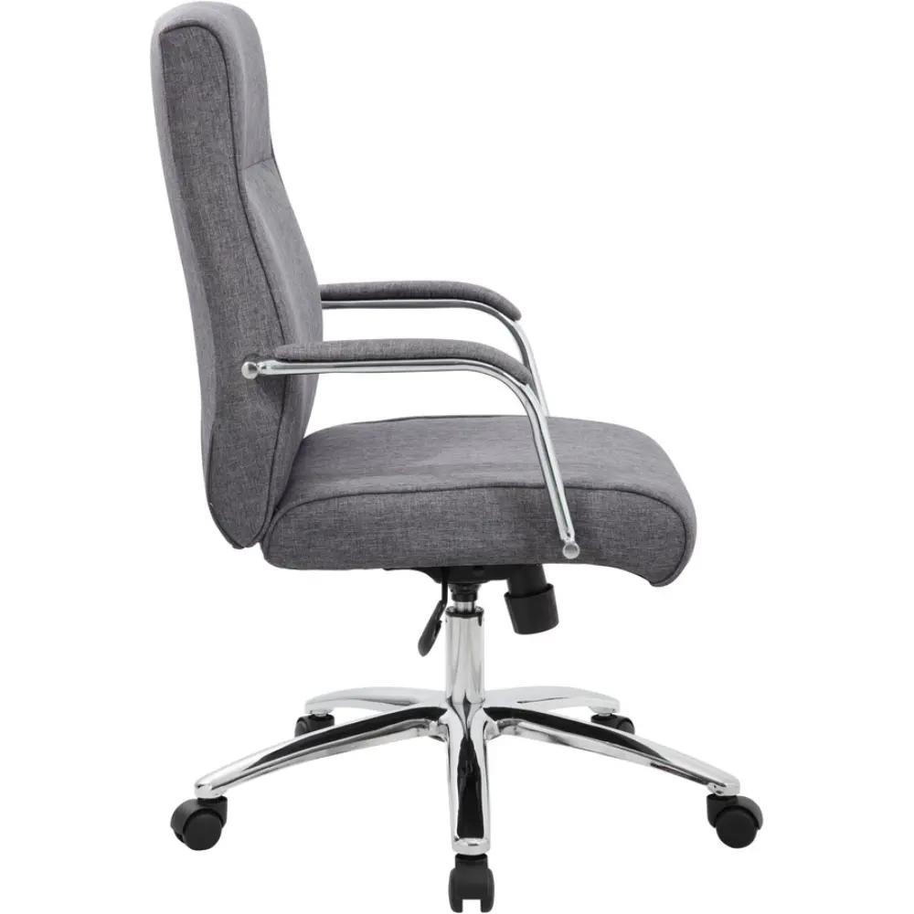 Front-side view of grey fabric high-back office chair with wheels.