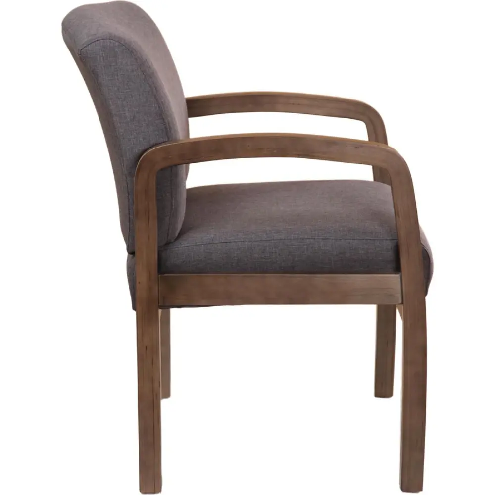 Gray upholstered chair with wooden frame from front