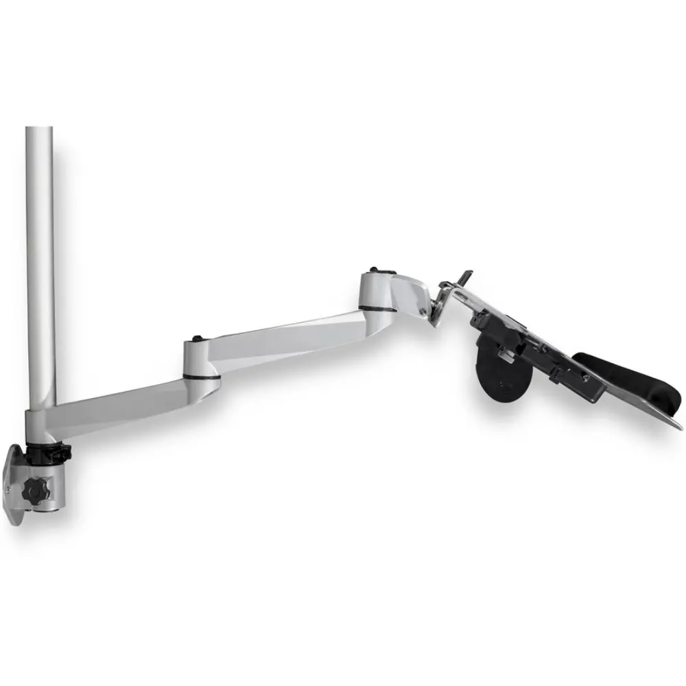 StarTech branded dual monitor arm with a cross-shaped mounting on the top, various joints and a keyboard tray.
