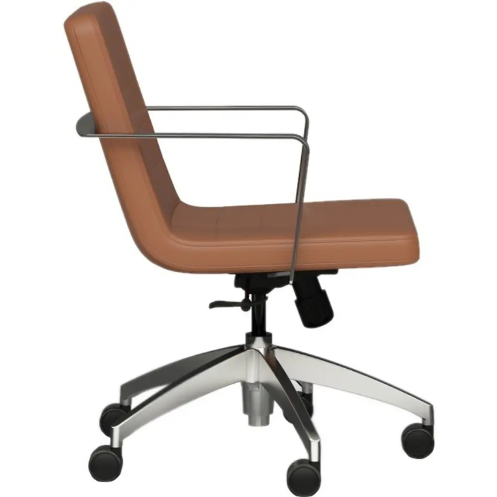 Brown leather office chair with chrome armrests, tilt mechanism visible, five-star base