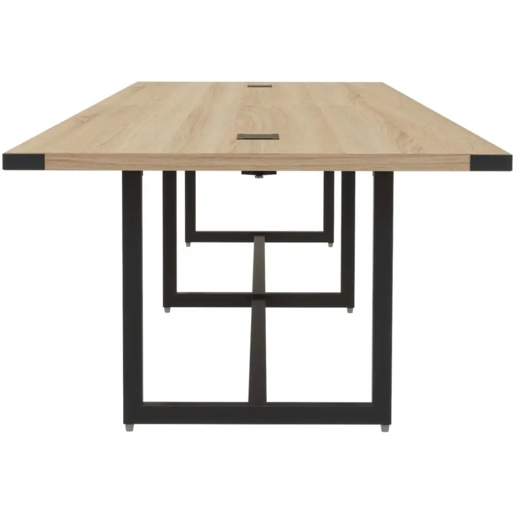 Extended wooden desk with metal frame showing side profile and legs