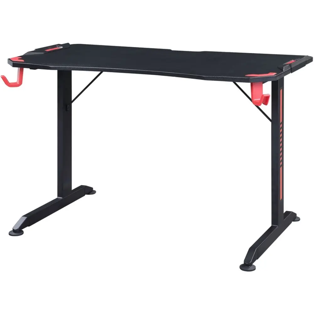 Dual monitor setup with black desk and red-accented keyboard and mouse on a large desk surface