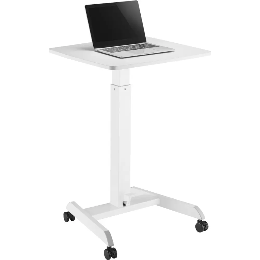 A white adjustable table with a close-up of the adjustable mechanism
