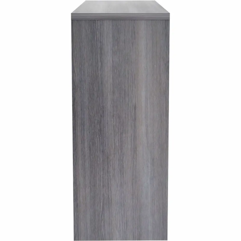 Diagram showing dimensions and features of a modular shelving unit with adjustable shelves and particle board panels.