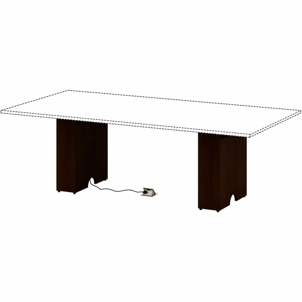 Perspective view of a long table with two pedestal legs, no top, showing different view