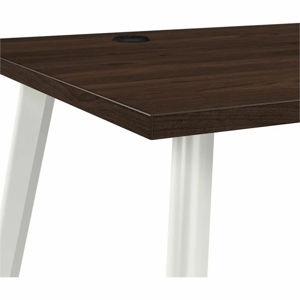 Diagram of desk with built-in cable management, grommets, adjustable levellers, and splayed legs.