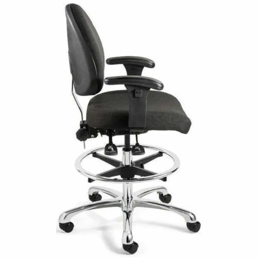 Office chair with black leather seat and backrest, black metal base, and five wheels