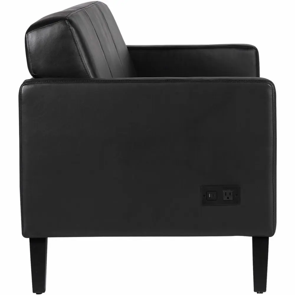 Close-up of the arm of a black leather sofa highlighting stitching