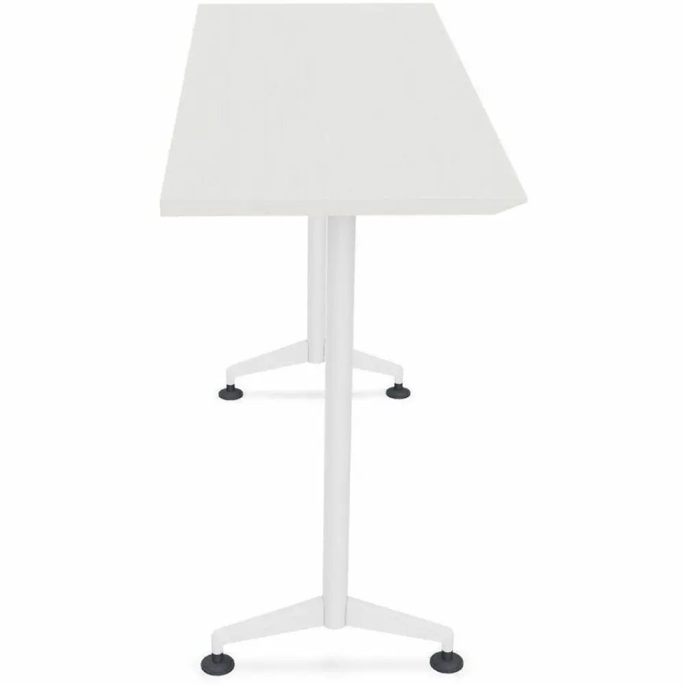 White rectangular table top viewed from above with caster feet at each corner.