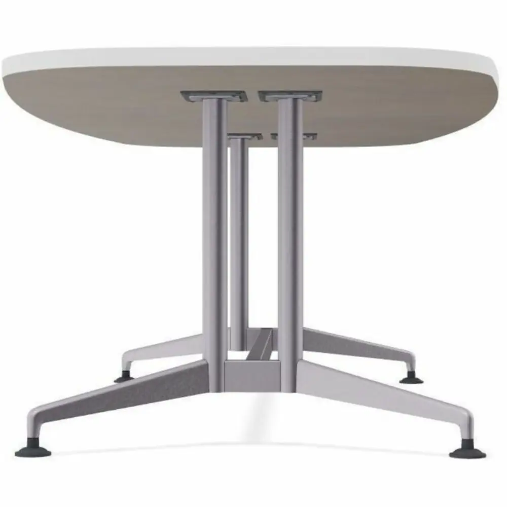 White oval conference table top with rounded edges and metal legs visible from below