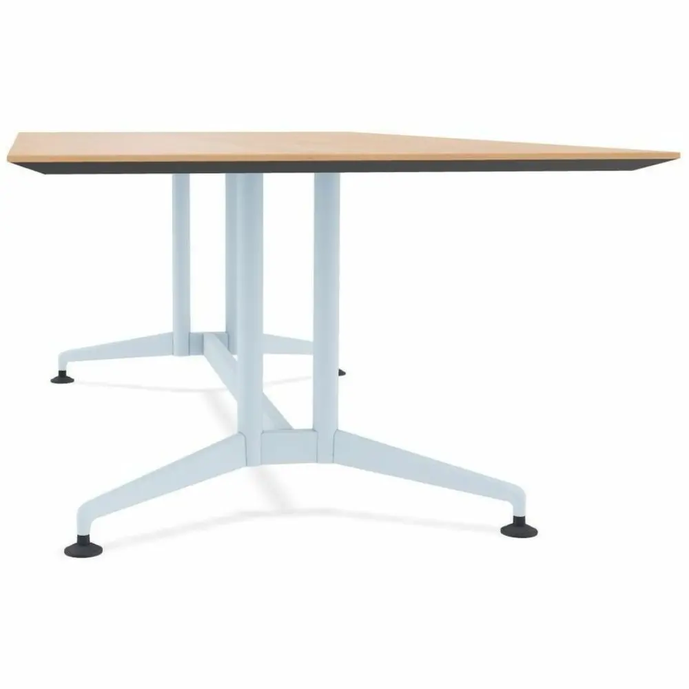 Top-down view of a wooden tabletop with light wood grain and a basic metal frame visible beneath.
