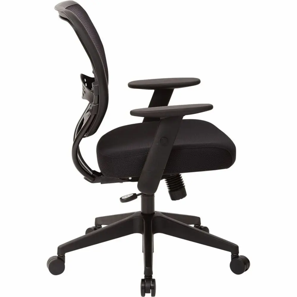 Rear-left three-quarter view of black mesh back chair with adjustable arms and base on wheels