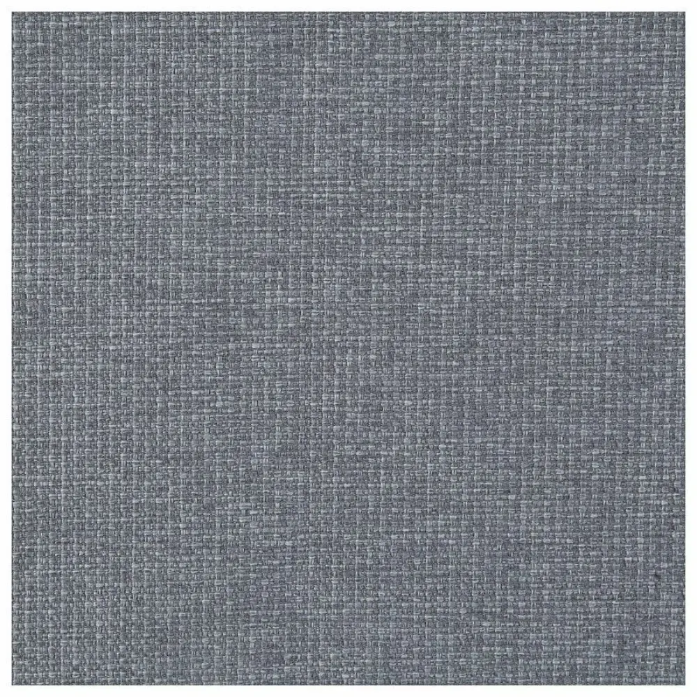 Grey upholstered armchair with plastic cushion and wooden legs, side view