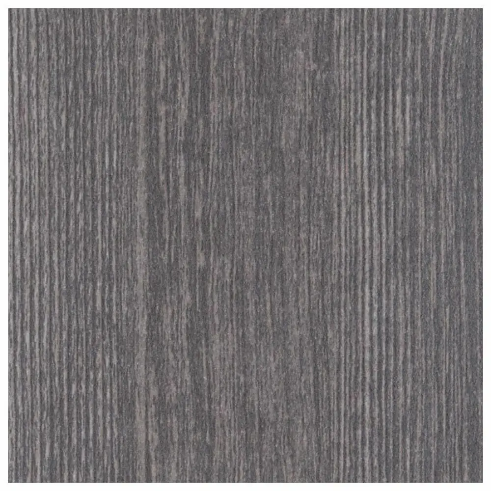 Grey wood-textured desk with long top and two leg sections forming an open space underneath.