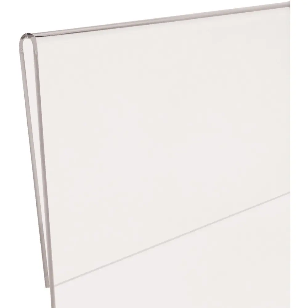 Clear plastic brochure holder with metal corners and white inserts