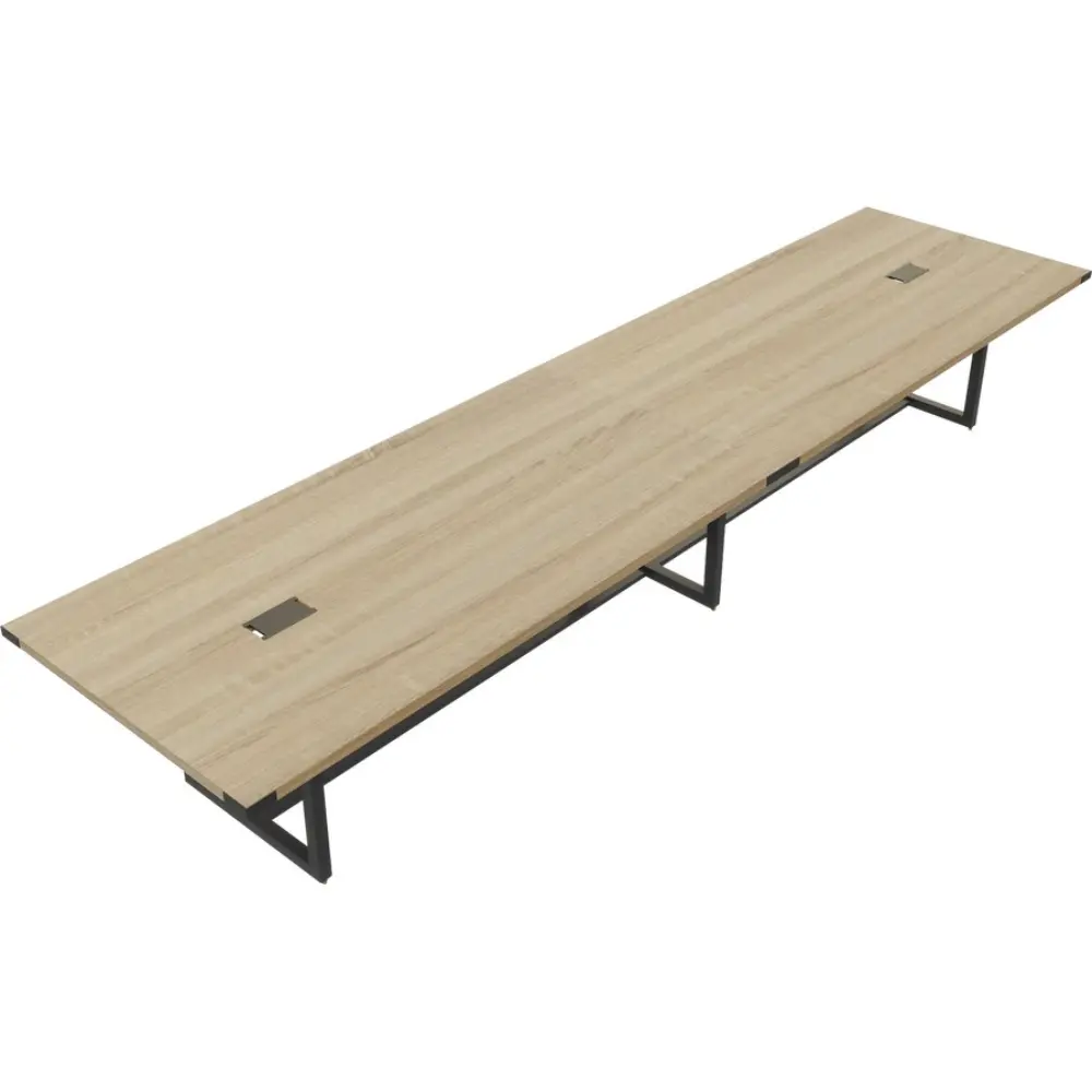 Extended desk with tabletop cables cutouts and metal frame