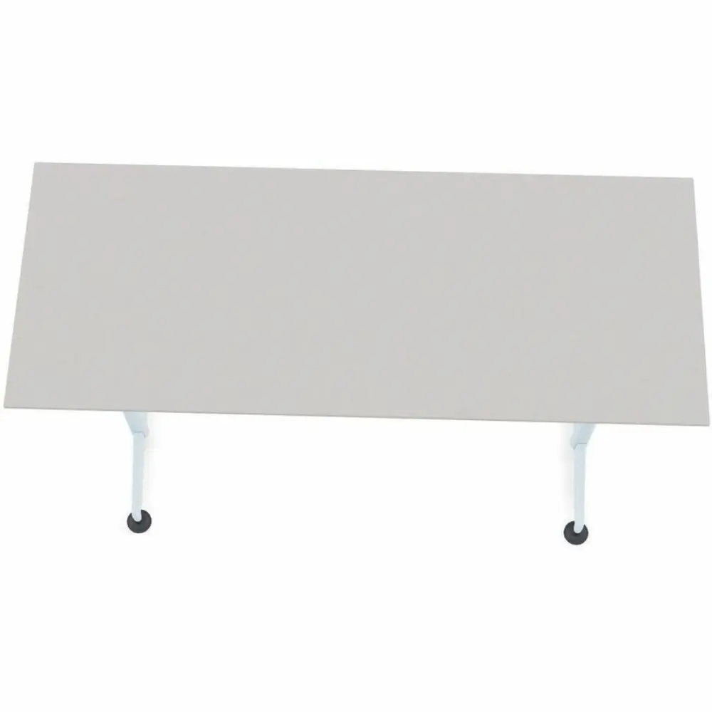 A small rectangular desk/table with two legs and wheels visible.