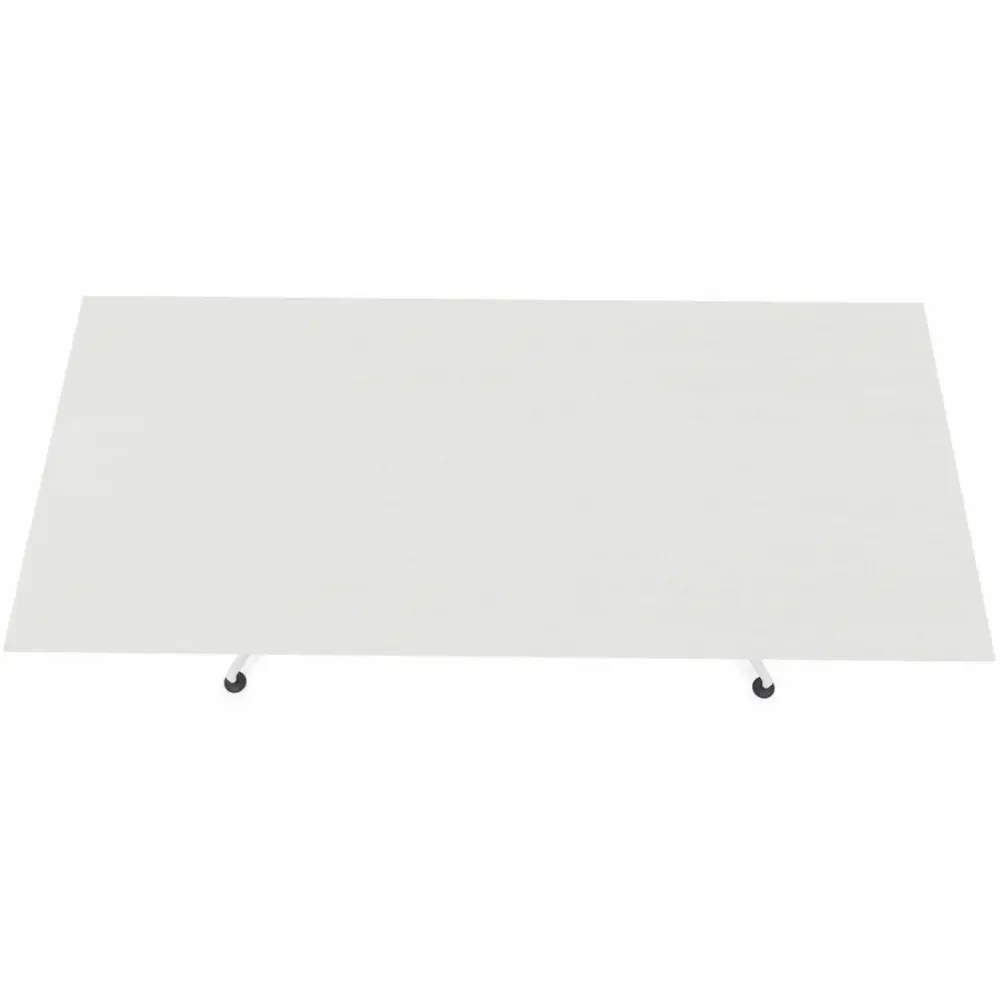 Extended white rectangular table with slim legs, viewed from a side angle.